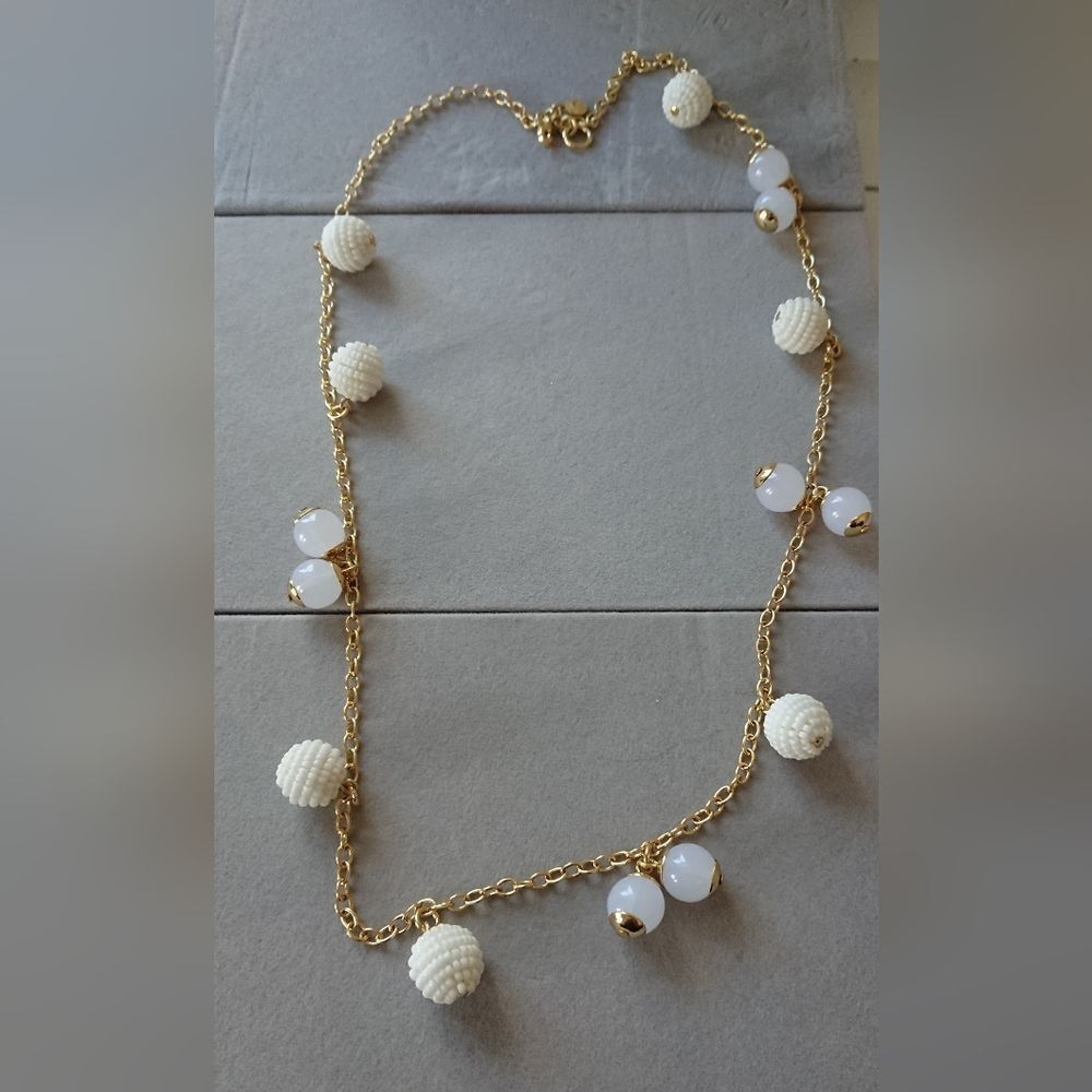 J. Crew Gold Tone White beaded & Orb long Necklace 32"
